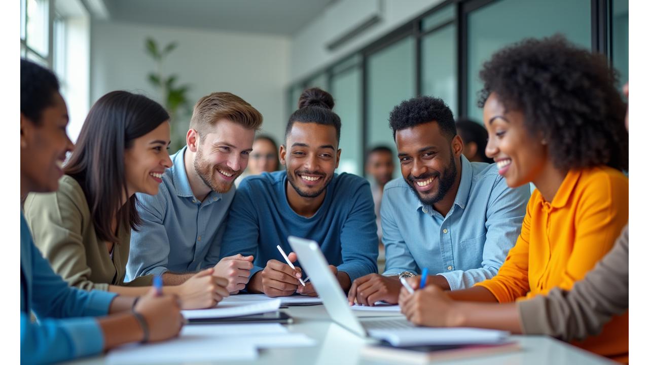 Diverse group of people actively engaged in a financial literacy workshop with laptops and friendly discussion, representing informed decision-making.