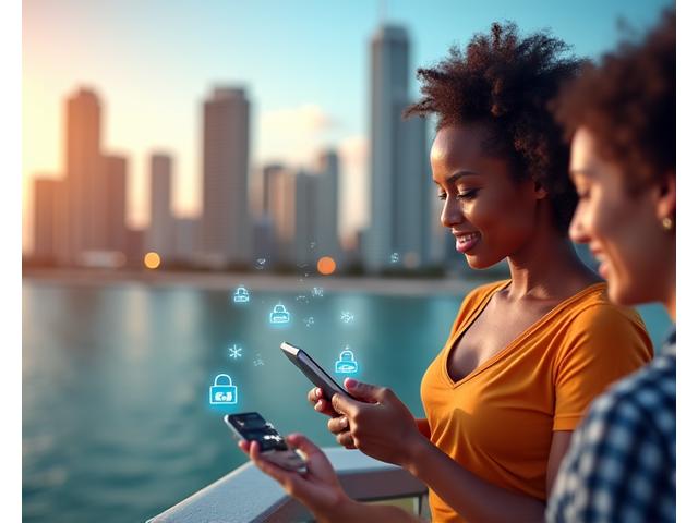 Diverse Miami residents confidently using mobile banking apps with digital financial graphics overlapping
